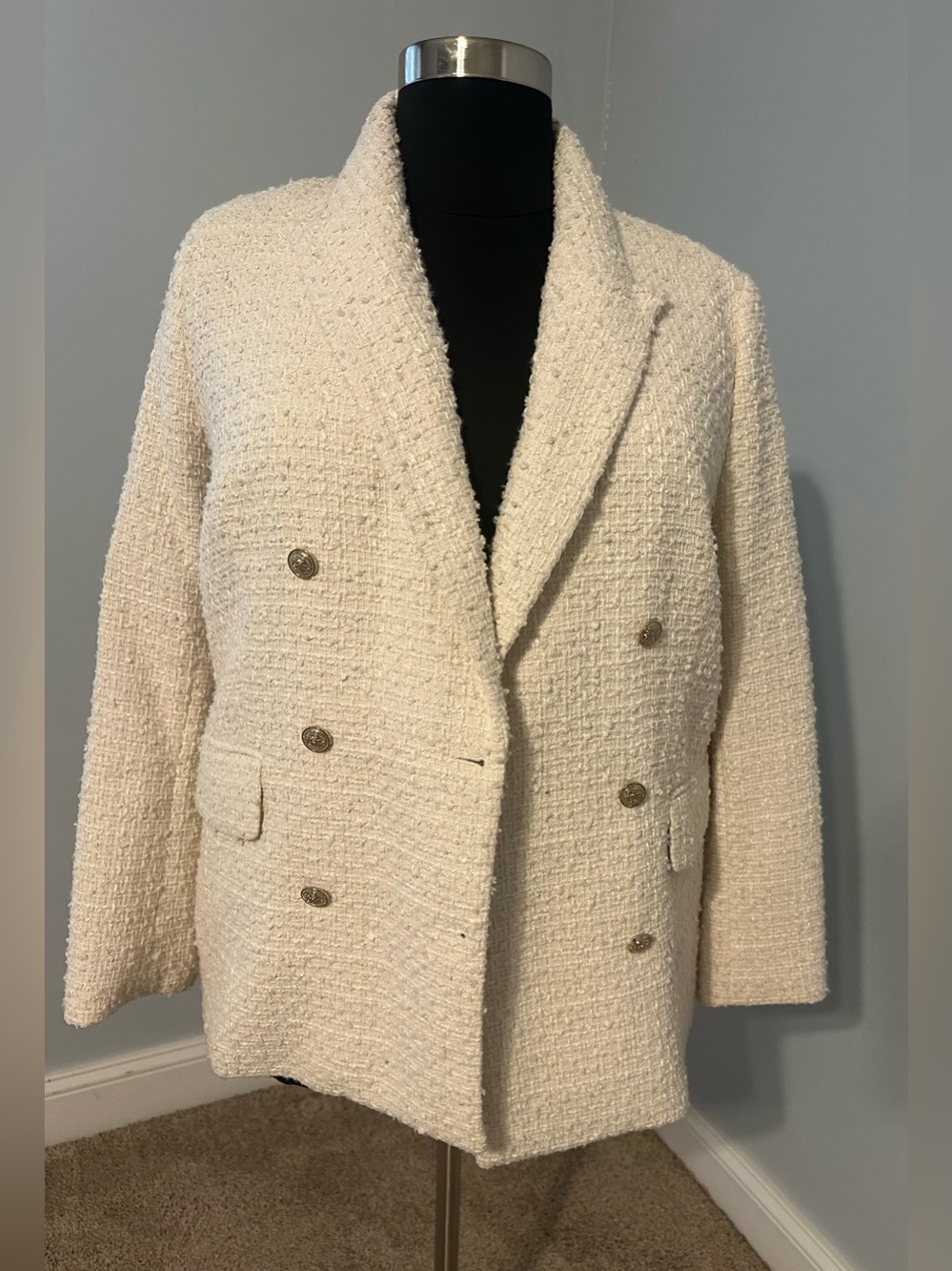 H&M Women's Cream Textured Bouclé Double-Breasted Blazer